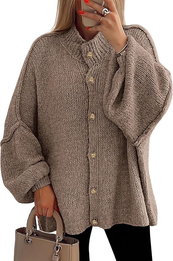 Womens Fall Winter Button Down Oversized Cardigan Sweaters Lantern Long Sleeve Chunky Knit Jacket Trendy Mock Neck Outerwear