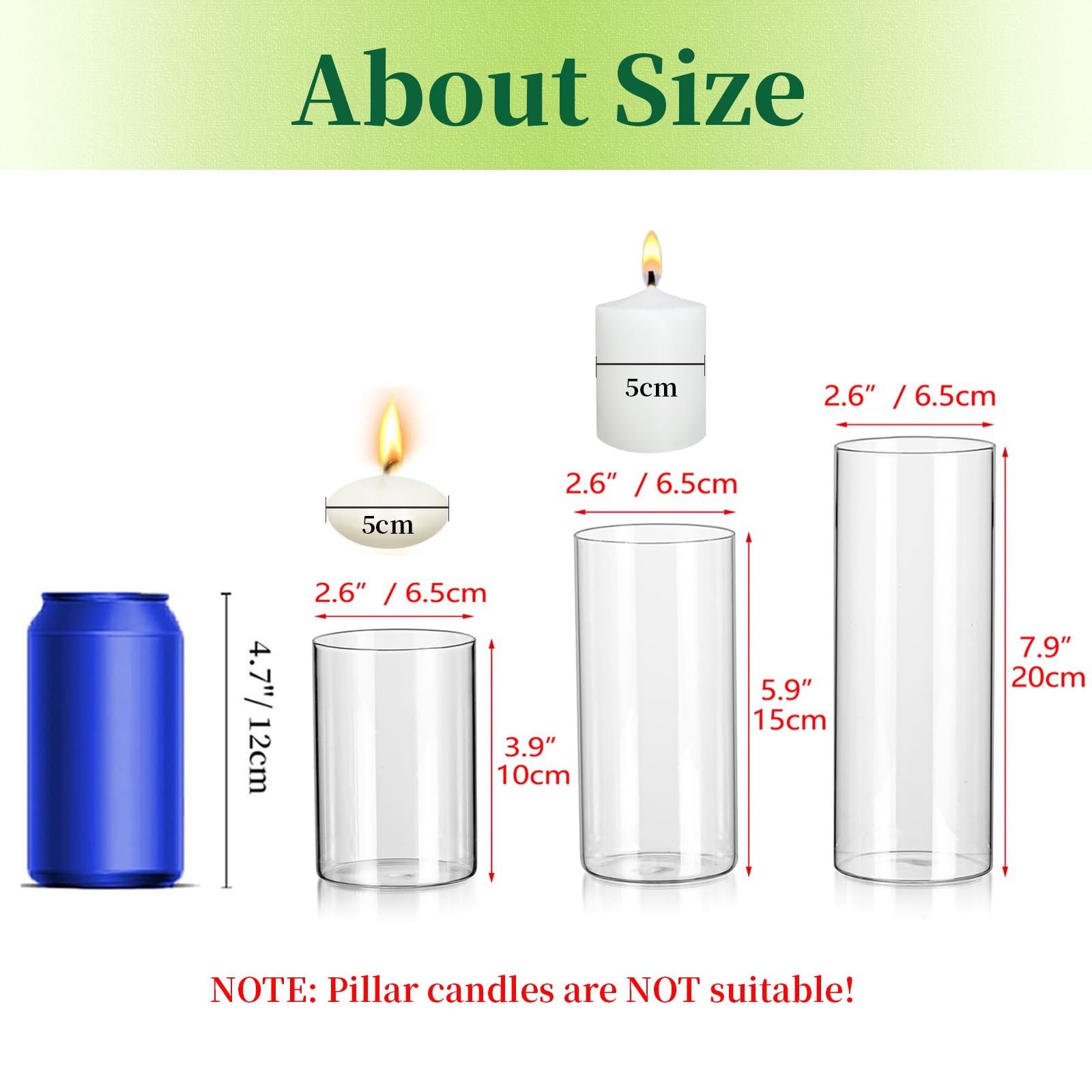 Hewory Glasvase Zylinder Vasen Set: 6er Vase Glas Kerzengläser Groß Glaszylinder für Kerzen - Zylindervasen Set Kerzenglas für Hochzeit Tischdeko Wohnzimmer Deko, Ø 6.5cm, 10/15/20cm