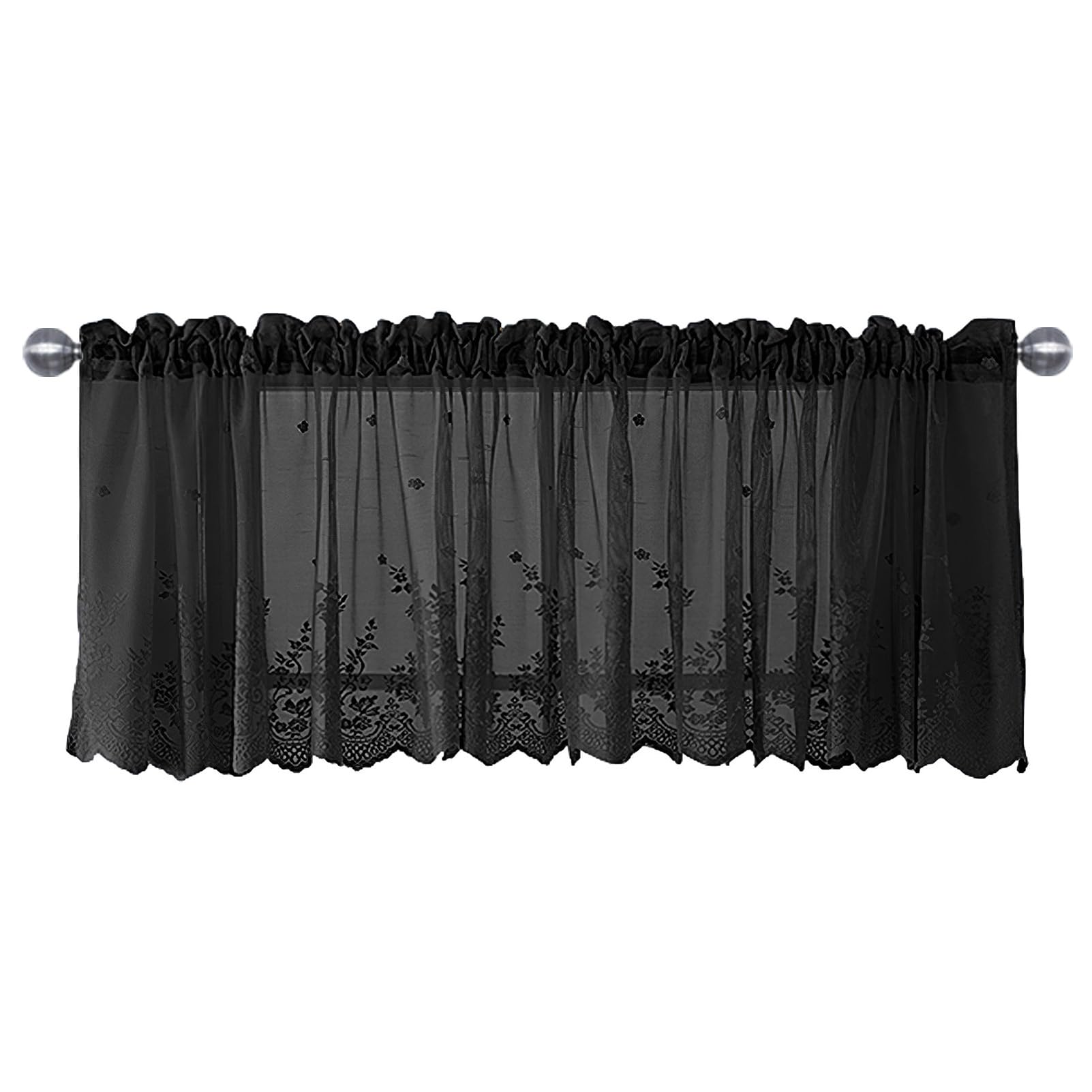 apott Lace Window Valance Black Sheer Curtain Valance Floral Kitchen Curtains Tiers Decoractive Voile Drapes for Living Room Cafe, 29x35.5 Inch