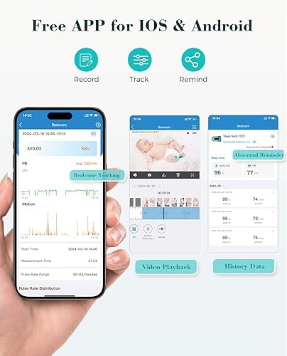 Miniatura 4 de Babytone Monitor de bebé - Calcetín inteligente para dormir y cámara HD de 2.5 K, seguimiento de frecuencia cardíaca y movimiento, detección de