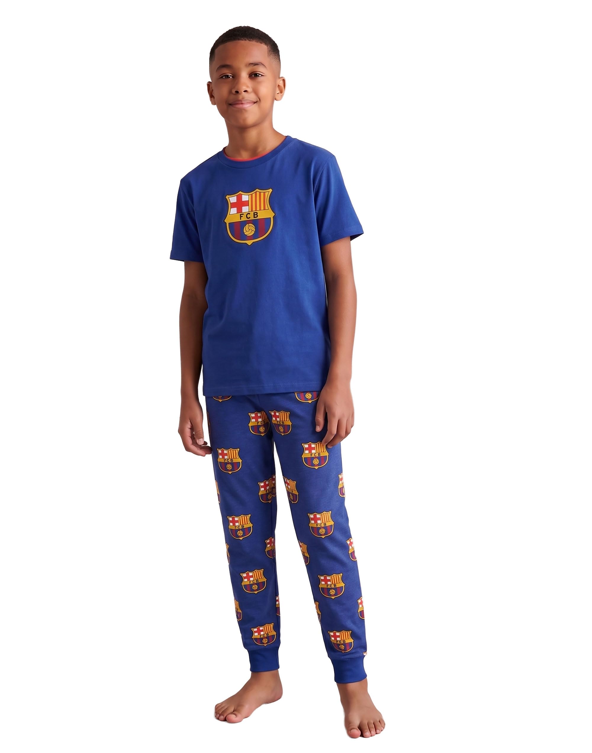 Fc Barcelona Boys Black Blue Short Sleeve Long Leg Pyjama Set | Classic Sleepwear With Logo Design | Comfortable Loungewear For Kids | Perfect Nightwear Merch - 9-10 Years