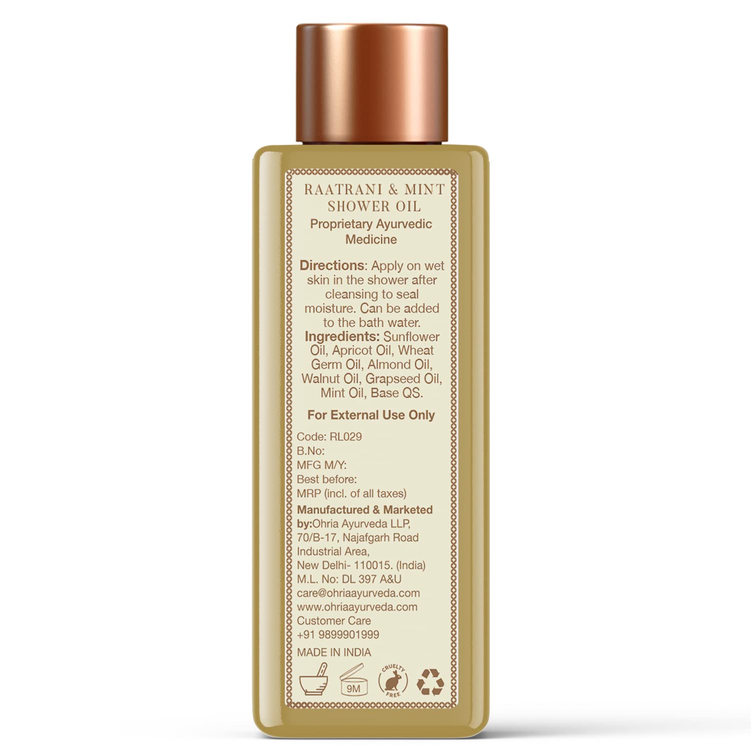 Ohria Ayurveda Raatrani & Mint Shower Oil | Cooling, Uplifting & Refreshing/| Men & Women| For All Skin Types - 50ml - Image 2 thumbnail