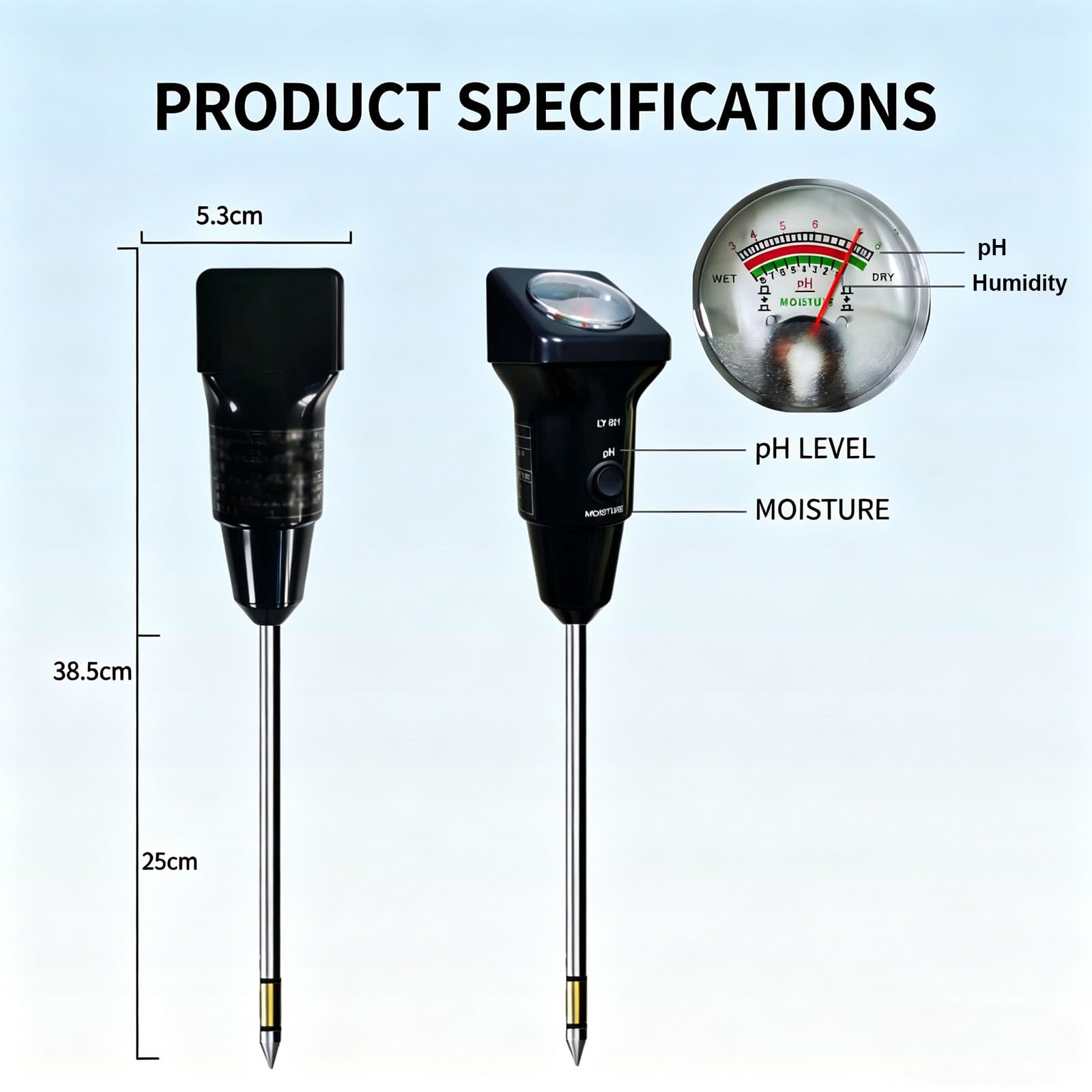 Medidor de pH del suelo 2 en 1, medidor de pH y humedad, electrodo de 255 mm de largo, para plantas, jardín, césped, granja, casa verde