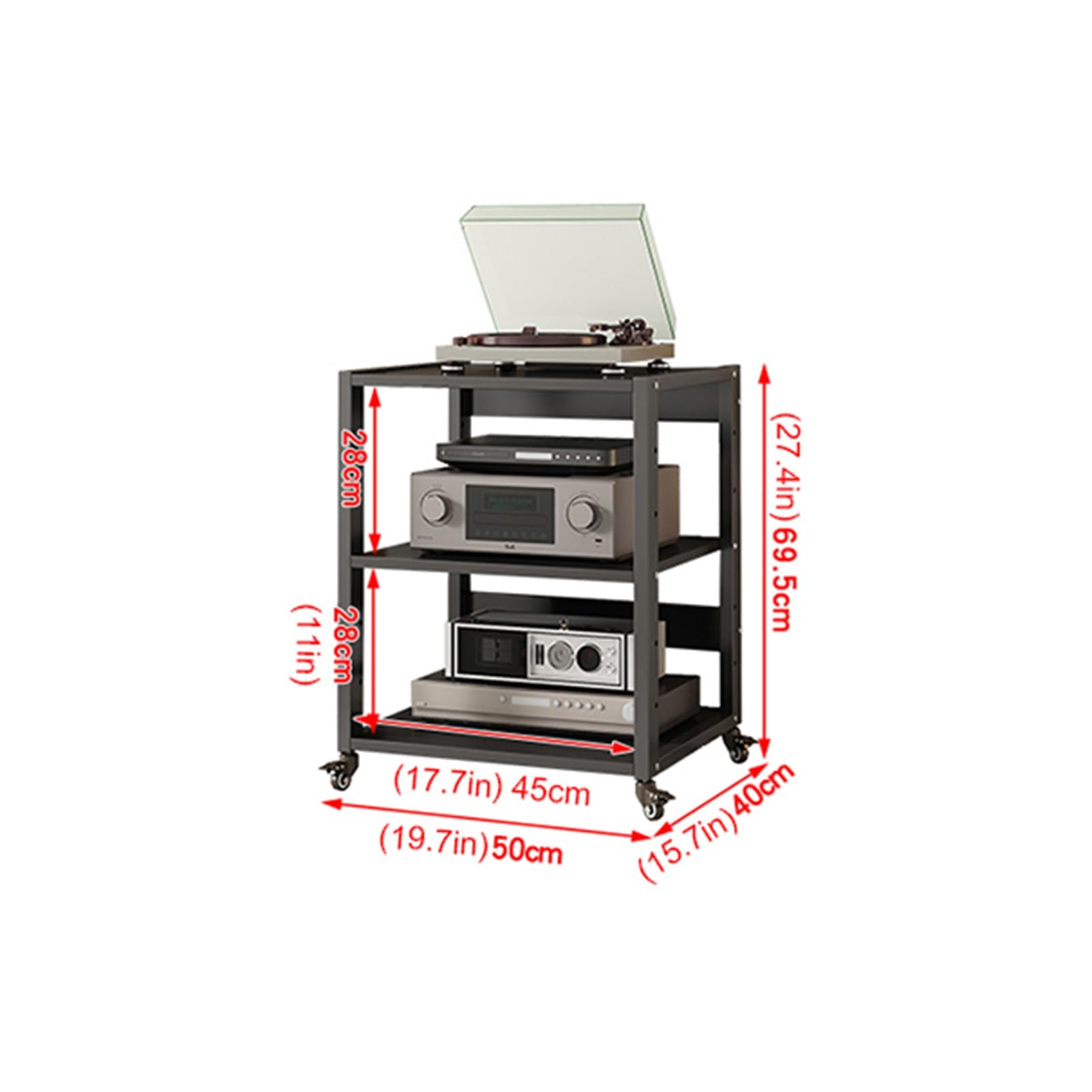 3/4-Tier Movable AV Media Stand Component Cabinet Corner TV Stand Record Player Stereo Rack Audio Tower with Height Adjustable Wooden Shelves for Home/Office/Theater, 50x40x69.5cm (Size : 3 Tier)