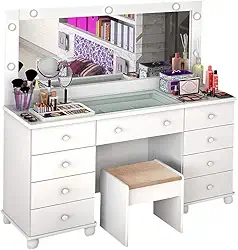 Penteadeira Com Banqueta Camarim Luxo Luz de Led Branco Acetinado