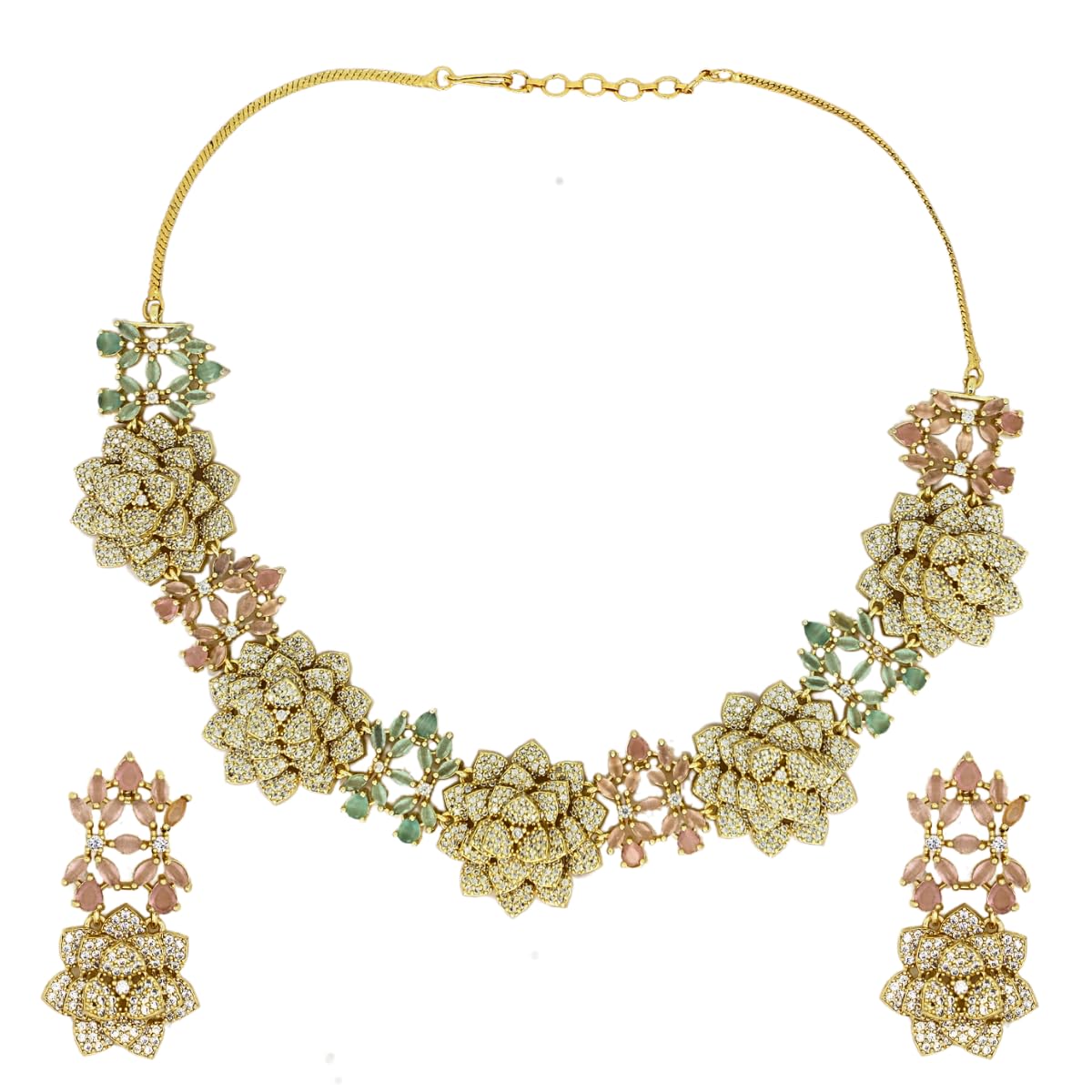 Premium Floral Necklace Set for Women in Brass with American Diamond Set | Gold and Silver Wedding Jewellery with Earrings | Designer Necklace Set-image-42