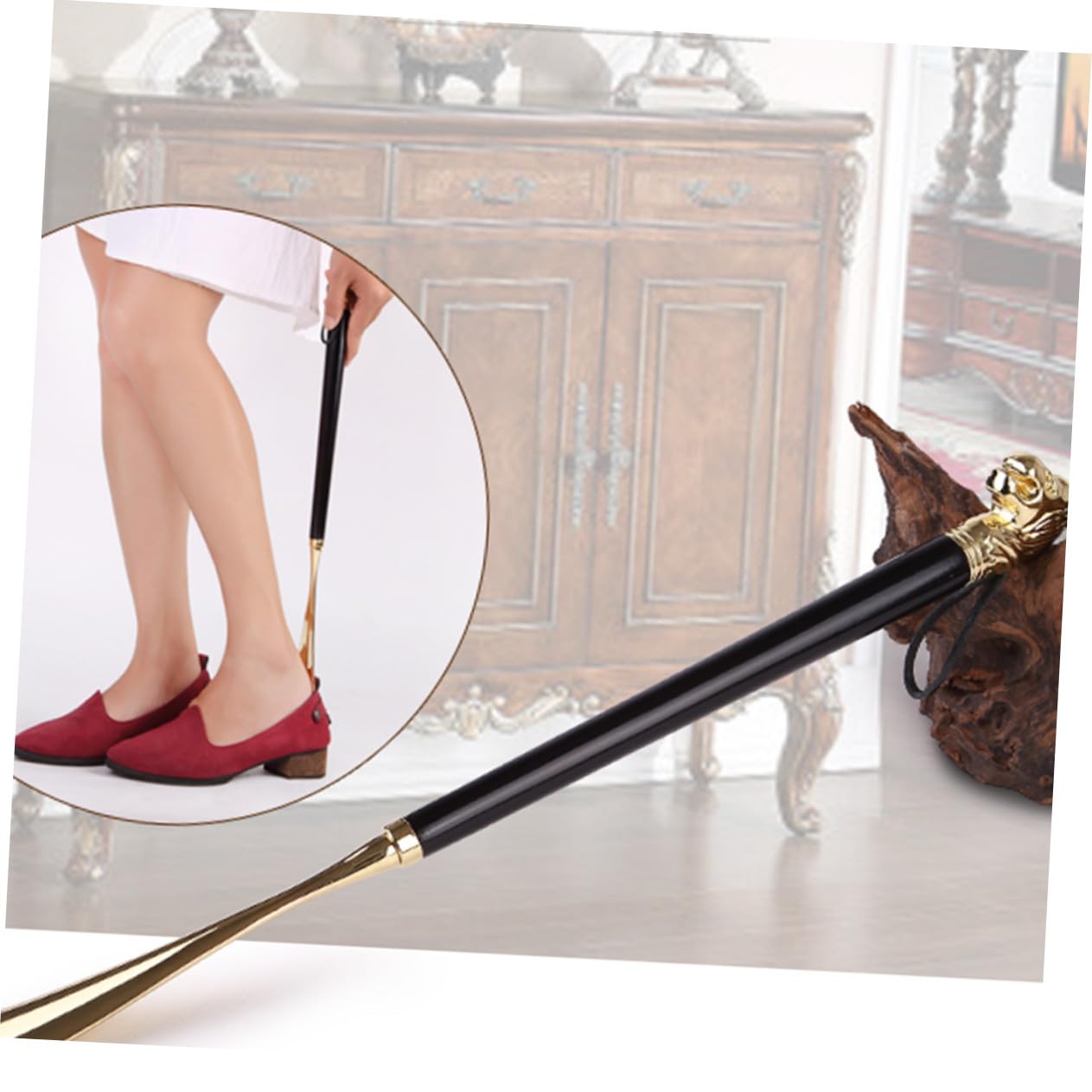 Abaodam Calzascarpe in Metallo Nero 49cm Testa di Leone in Ottone
