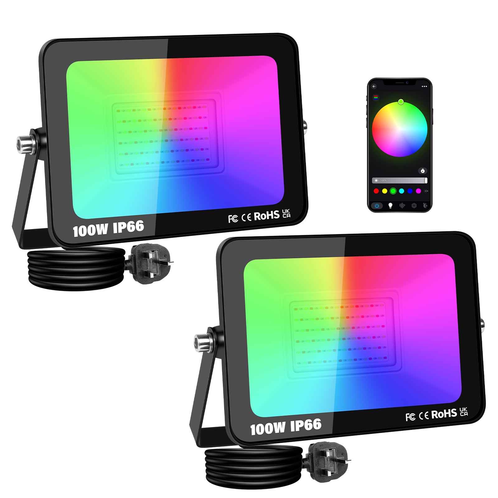SKYWORLD 100W Smart LED RGB Spotlight, Remote Control & Bluetooth App Color-Changing Flood Light for Backyard, Garden, Garage (2-Pack)