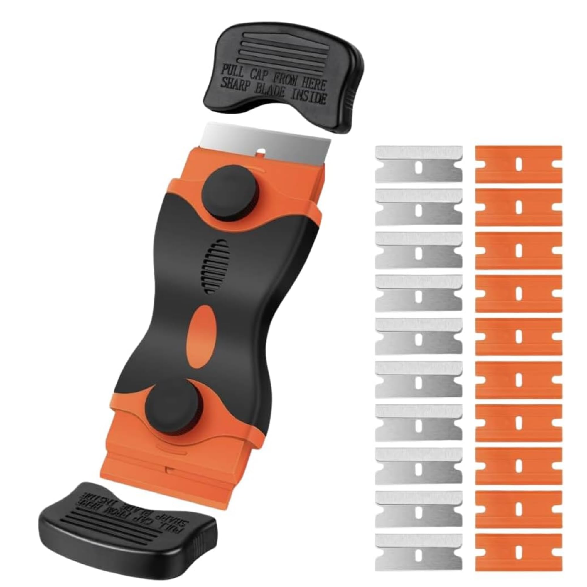 Multi-Functional Dual Head Scraper Tool with 20 Replacement (10 Plastic & 10 Metal) | Non-Scratch Window, Hob & Oven Scraper | Removes Ice, Grease, Stickers, Paint & Adhesive from Glass & Surfaces