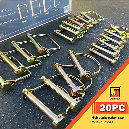 Wellmax 20 Pcs Shaft Locking Pin In 1/4", 5/16" And 3/8" Diameter Zinc-Plated Heavy Duty Safety Pins, Trailer Hitch Pin For Trailer Lock And Hitch Pin Lock For Farm Lawn Garden Wagons, Gold Color #TOP7