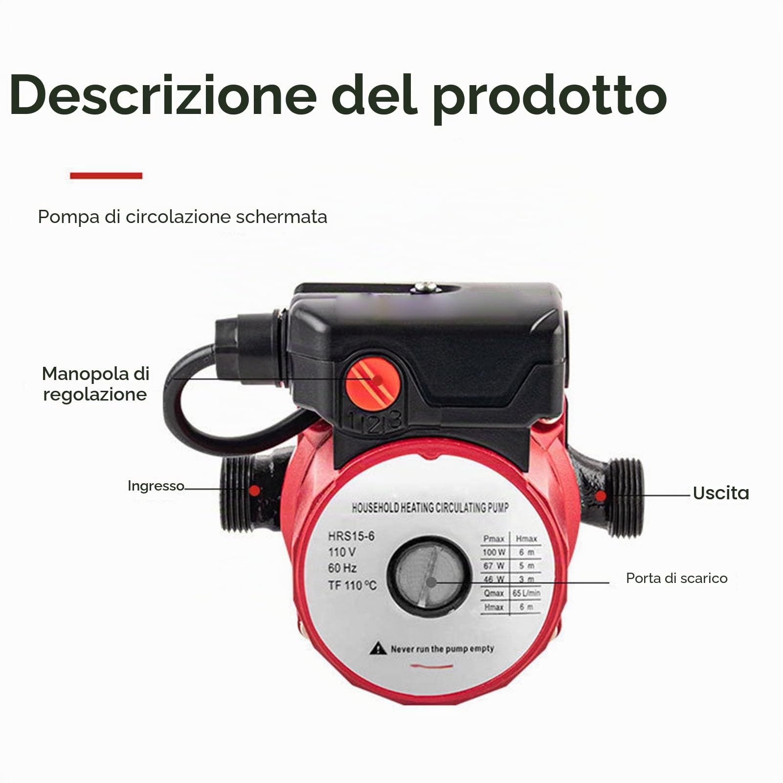 Pompa di Ricircolo Acqua Calda, Pompa di Circolazione Schermata 3 velocità 46W 67W 100W 65L/min per di Riscaldamento con Tubo NPT 1 Pollice Giunto 3/4 Pollici (Spina europea 220 V)
