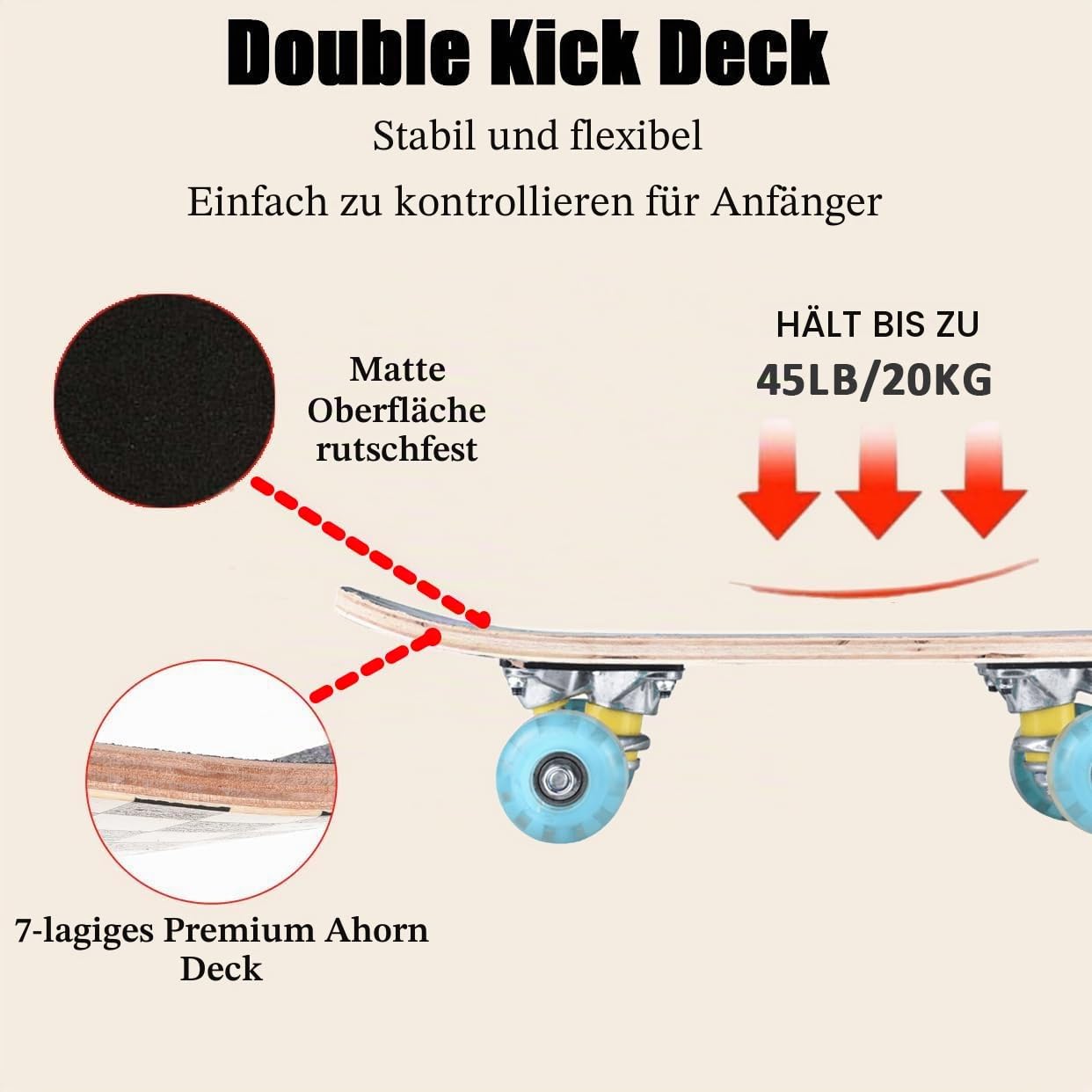 ERNAN Skateboard 17x5 Zoll Komplette für Kinder Jugendliche, komplettes Standard-Skateboards, 7 Schichten Ahorn-Deck, konkaves Skateboard (Dolphin)