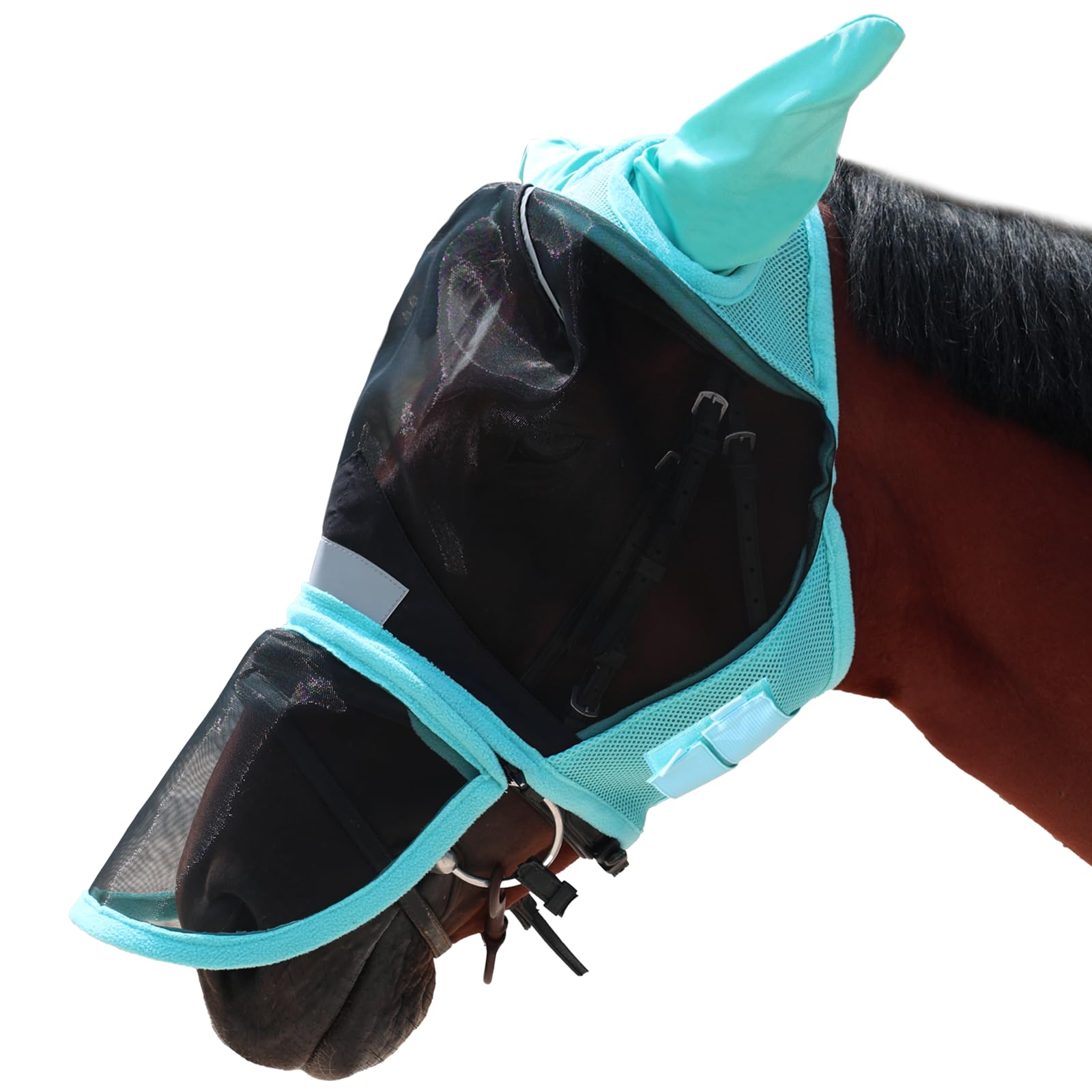 Wizbrio Luminous Horse Fly Mask with Long Nose, Ears, Full Face & Eye Protection - Full Mesh, Detachable Nose Cover, Fleece Padded Edging, Hook-and-Loop Straps with Webbing, Hanging Straps Mint Green