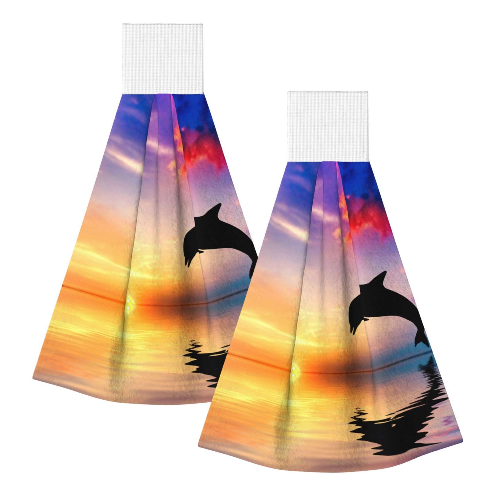 DOPKLNA Dolphin Jumping, 2 Pcs Hanging Coral Fiber Hand Towels for Bathroom, Absorbent Kitchen Towels