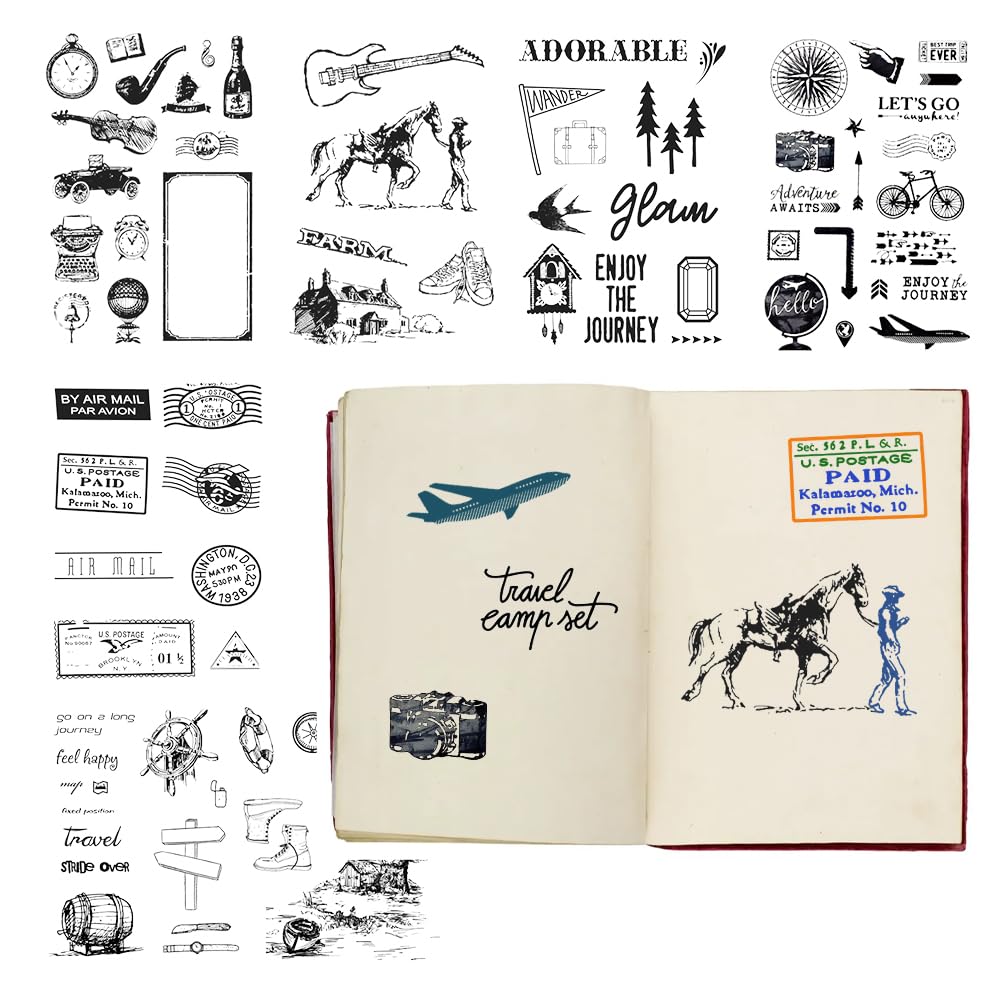 MUWINC Clear Silicone Stamps for Crafting - 78 Vintage Travel Designs | Reusable Decorative Stamps for Scrapbooking, Journaling & Card Making