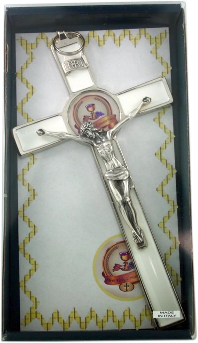 Silver Tone and Black Enamel Wall Cross Crucifix, 8 Inch