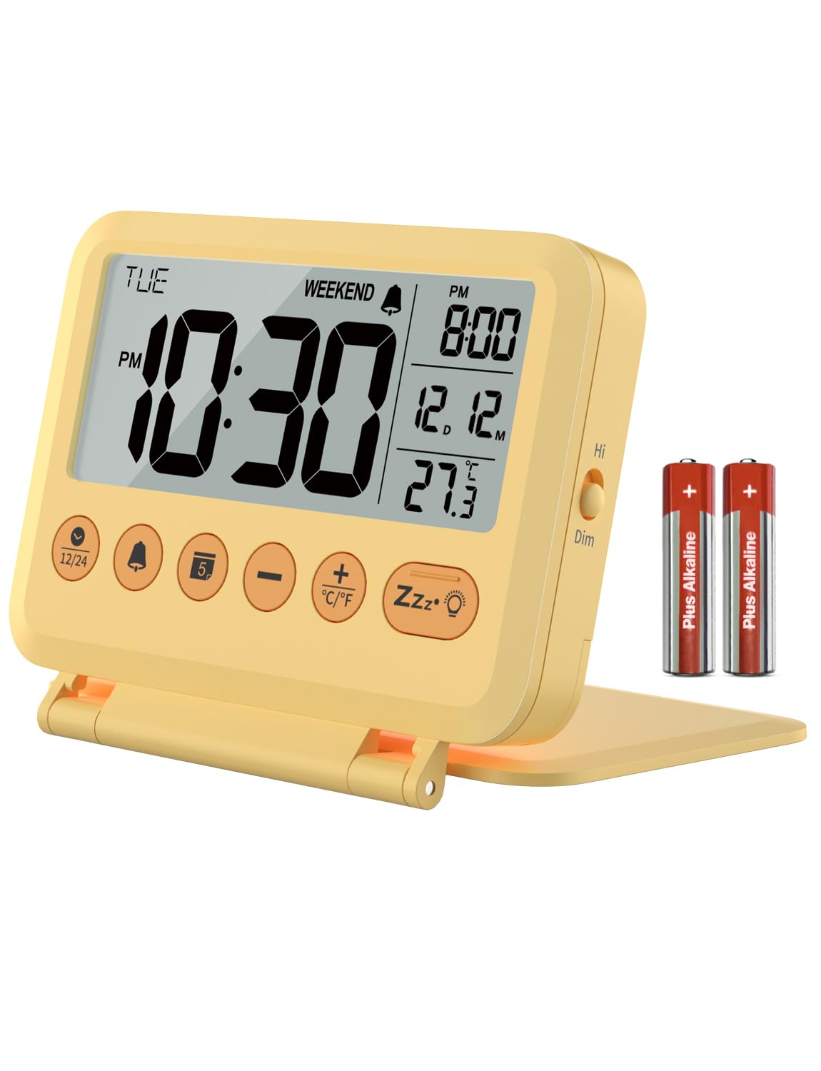 MeesMeek Reisewecker Digital Klein: 2 Stufen Licht und Lautstärke, 12/24H, Kalender, Temperatur, Wochenende und Schlummer Modus, Klappbar, Batteriebetrieben Mini Wecker (Gelb)