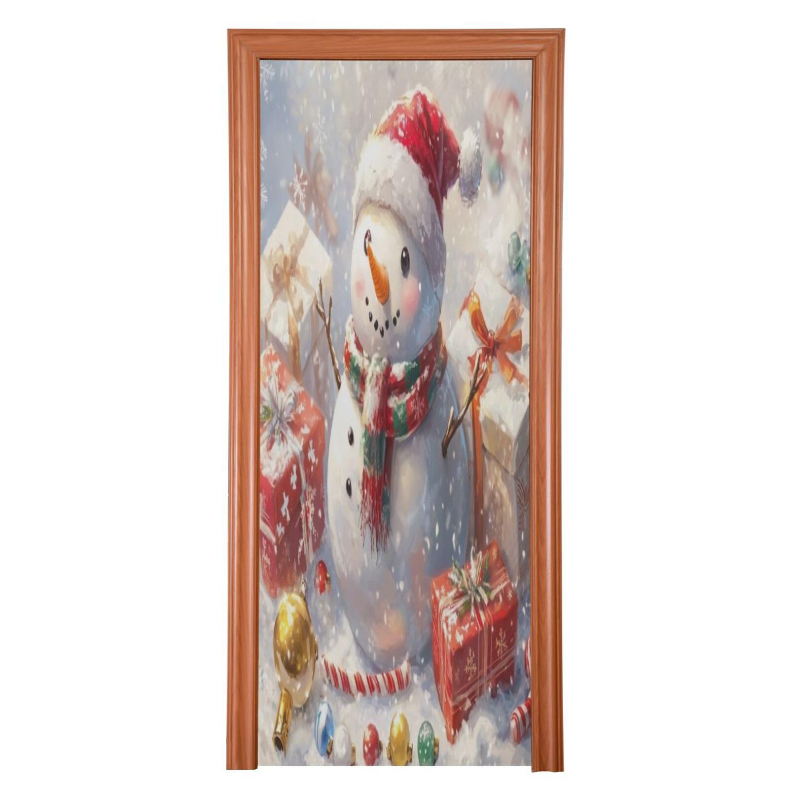 J JOYSAY Christmas Snowman Snowy White Door Decorations Door Cover Xmas Door Covers Front Door Covers Decoraions for Outdoor Indoor Décor,36x98 in