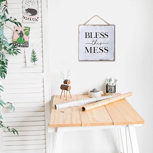 Miniatura 7 de Letrero de madera de 12 x 12 pulgadas cita positiva de la vida texto cristiano bendice este lío versículos de las escrituras del país placa de