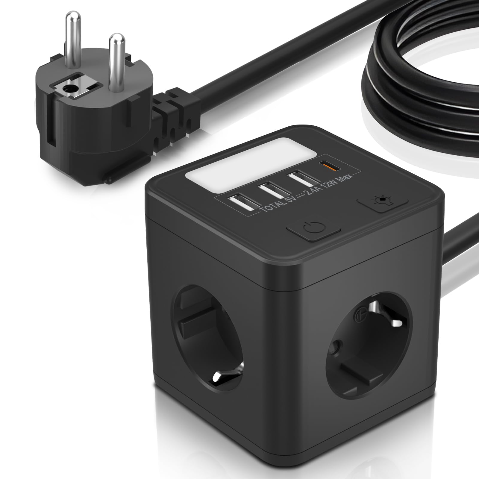 Ladron Enchufes USB C 20W con 4 Tomas, Cubo Regleta Enchufes 1.5 Cable con 1 USB C y 3 USB A, Enchufe Múltiple con Interruptor y luz Nocturna para Viajes, Cocina, Oficina — view 8