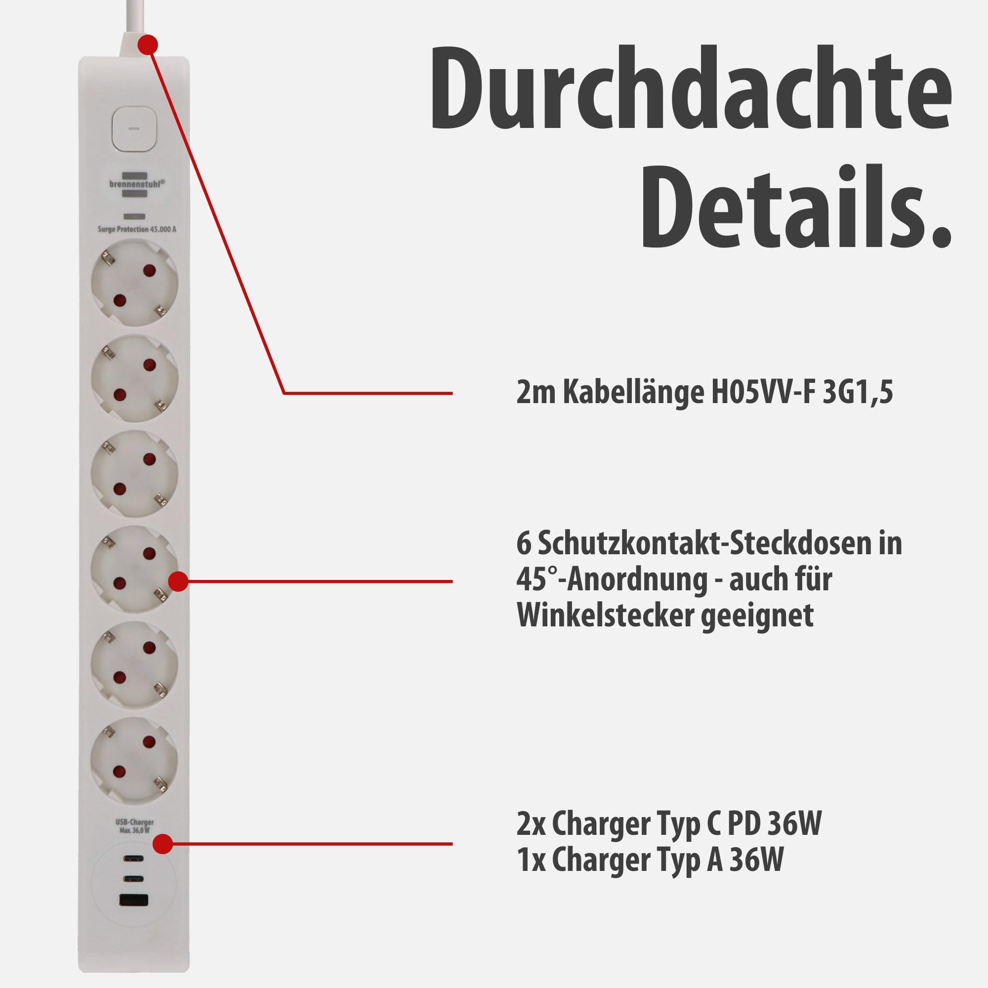 Brennenstuhl Ciabatta elettrica a 6 prese con USB e protezione da sovratensioni (presa multipla con 2 prese USB C PD 36 W per ricarica rapida e 1 USB A 36 W, interruttore, cavo da 2 m) nero (bianco)