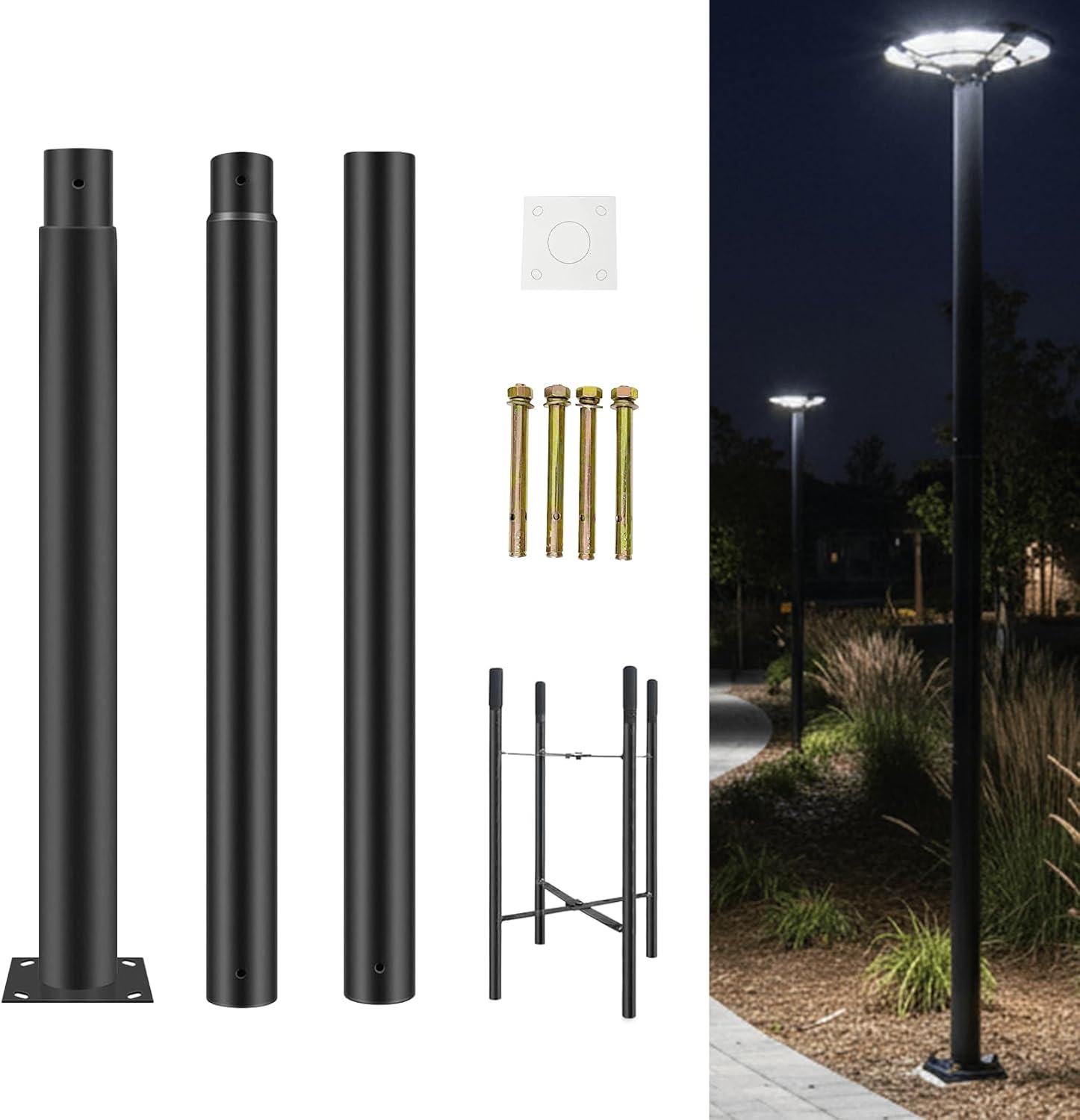 10ft Outdoor Street Light Pole, 3-Inch OD Heavy Duty Galvanized Steel Lamp Post, Ground Mount Light Pole with 0.2" Thick Flange Base, Hardware for Concrete & Soil Included, Black
