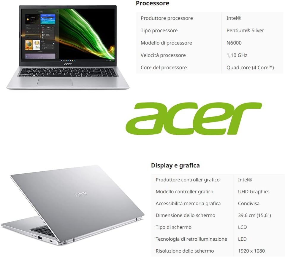 Acer Notebook | Pc portatile intel core N6000 | Ram 16 GB ddr4 | SSHD 1256 GB | Silver | Display 15.6 FHD | BT | WiFi | Windows 11 Pro | Pacchetto Office Pro | Computer portatile Pronto alluso Acer Notebook | Pc portatile intel core N6000 | Ram 16 GB ddr4 | SSHD 1256 GB | Silver | Display 15.6 FHD | BT | WiFi | Windows 11 Pro | Pacchetto Office Pro | Computer portatile Pronto alluso