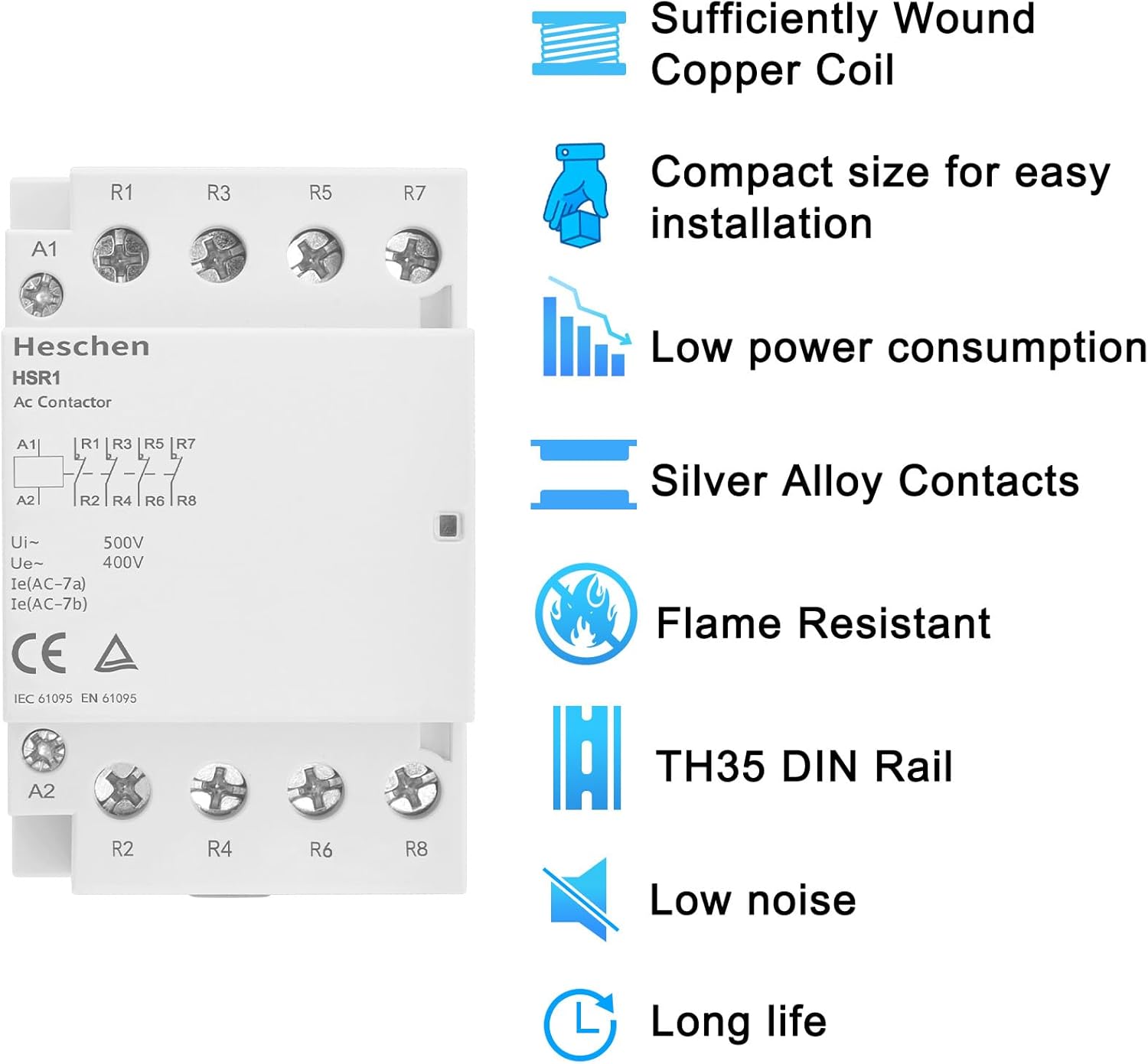 Heschen Household AC Contactor, HSR1-32, Ie 32A, 4 Pole, Four Normally Closed, AC/DC 24V Coil Voltage, 35mm DIN Rail Mount, TUV Listed