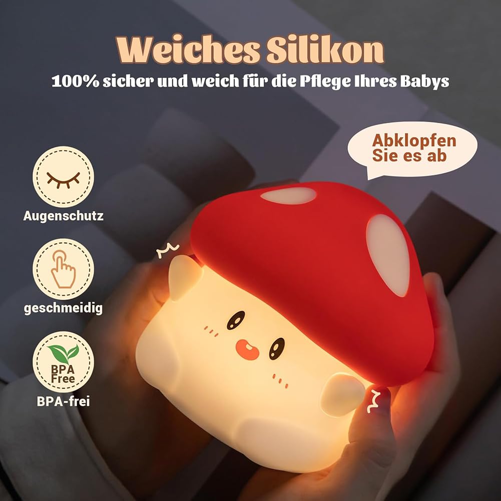 Lámpara de noche de hongo, funciona con pilas, carga USB, luz de mesa de silicona regulable con función de temporizador para niños