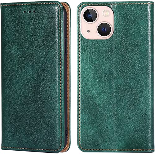 Étui à rabat pour iPhone 14 KANUZ en cuir vert avec porte-cartes