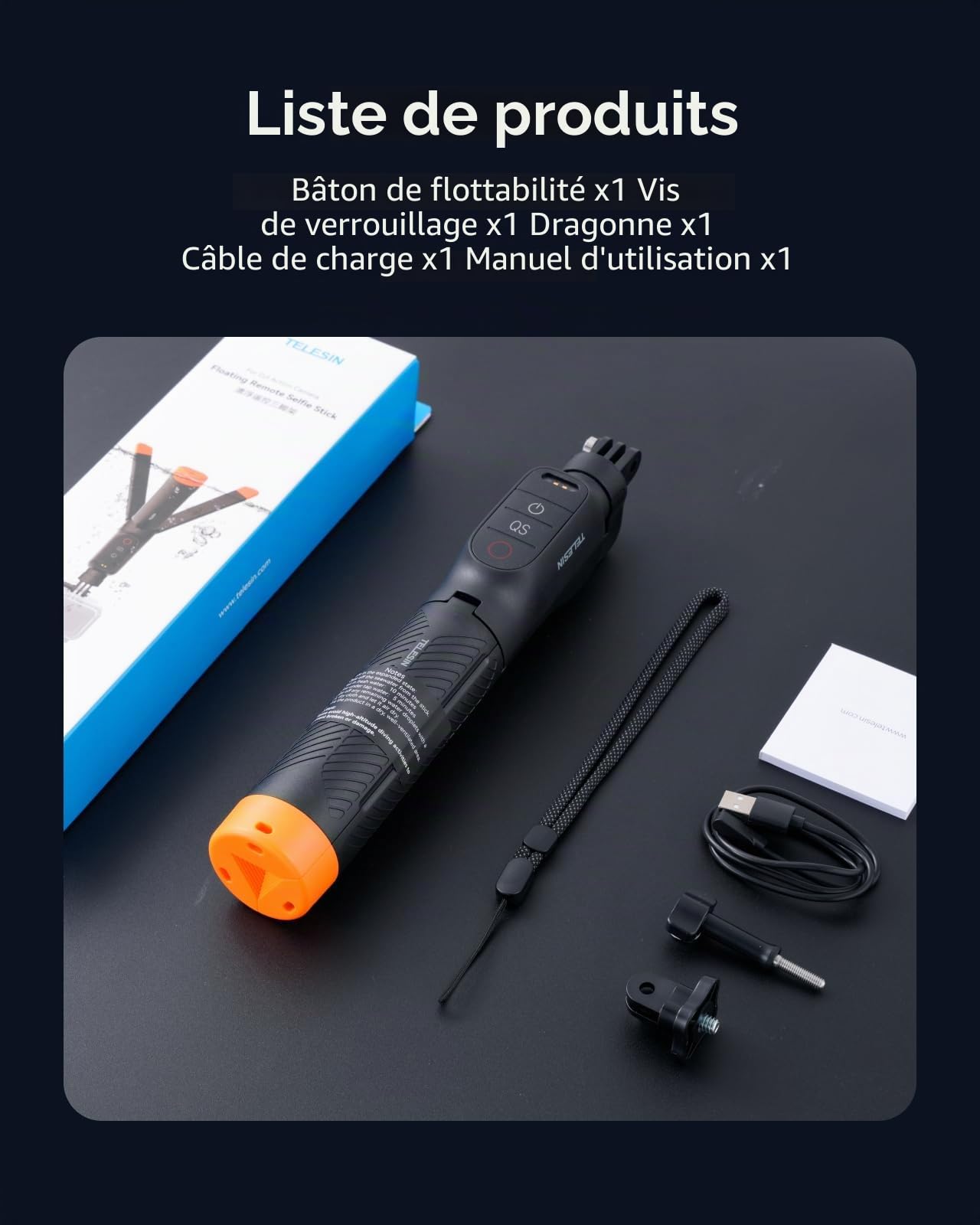 TELESIN Poignée Flottante Bluetooth pour DJI Osmo Action 6/5 Pro/4/3 | Télécommande Bluetooth intégrée | Flotte pour sécuriser la caméra | Idéale pour le surf, le snorkeling et les vlogs de voyage