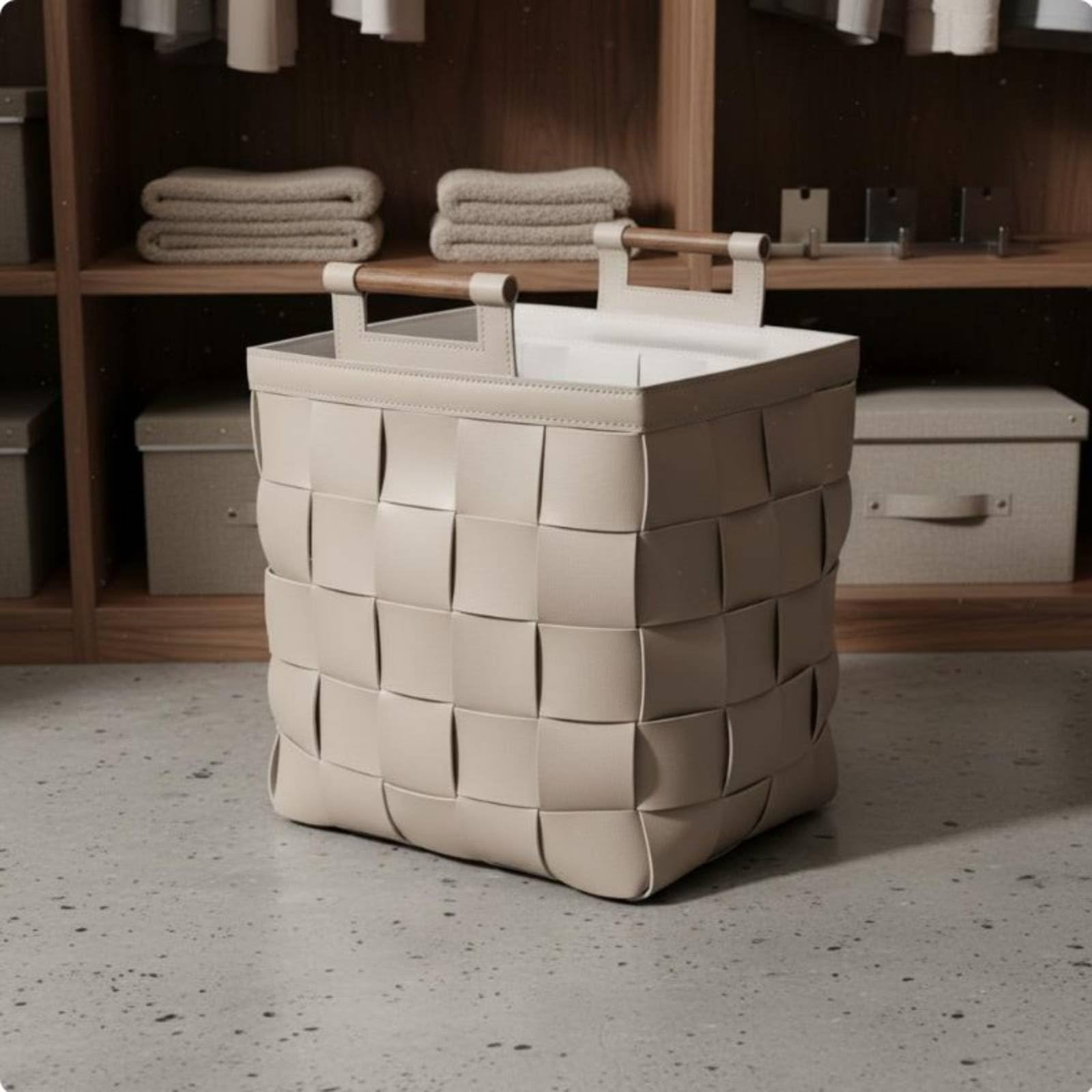 Cesta de Almacenamiento Tejida a Mano Cesta Caja Contenedor Organizador en Piel Sintética con Mango de para Transporte Fácil Adecuada para Dormitorio Sala de Estar, Gris