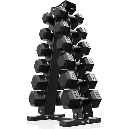 PAPABABE Hex Dumbbell Sets with Rack, 60-550lb Rubber Coated Dumbbell Weight Set and Storage Rack, Multiple Options Hand Weights for Strength Training