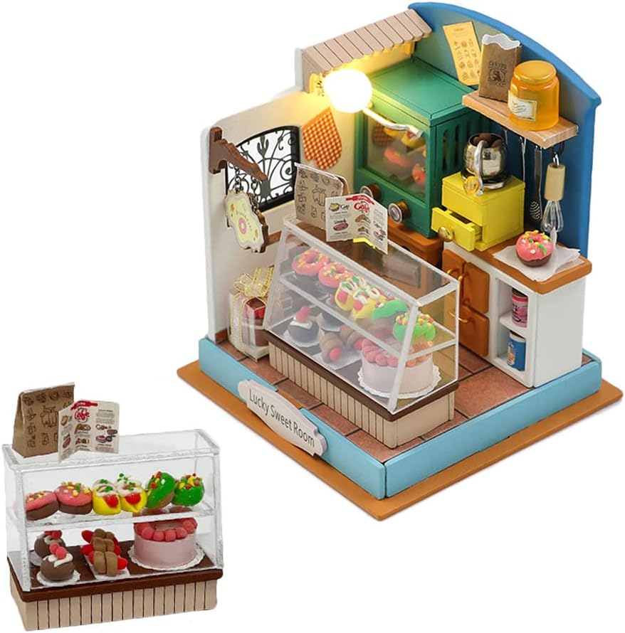DIY Miniature Dollhouse Kit Wooden Dolls House with LED Creative Room Mini House Building Kit for Birthday Gift (Lucky Sweet Room)