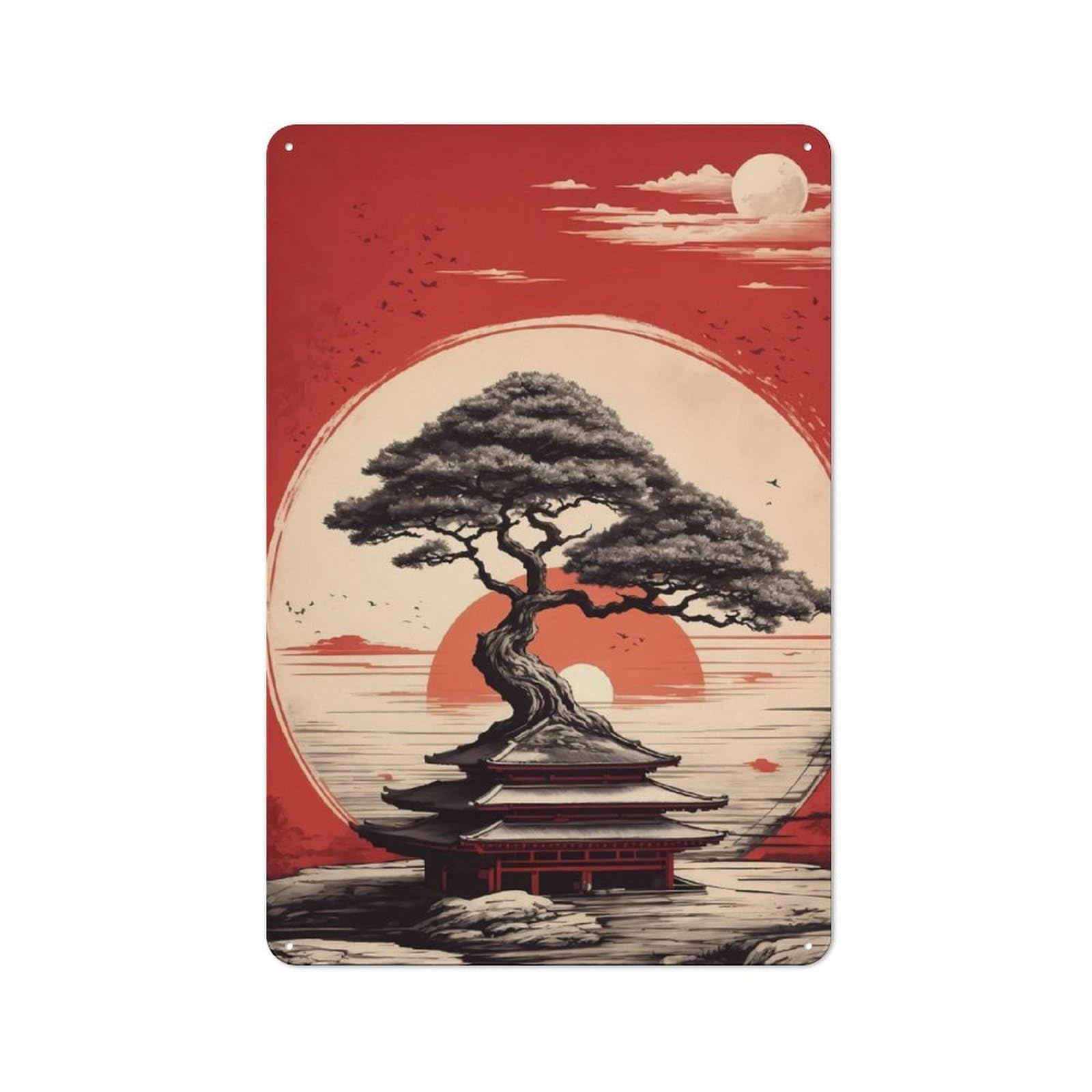Junmoney Crimson Bonsai Metal Plaque 30X20cm With For Hallway Wall, Retro Decor, For Wall Display Collectors