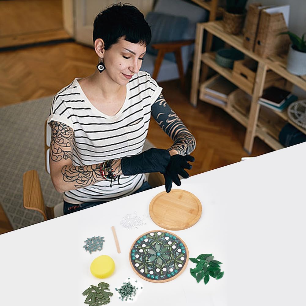 WEBEEDY DIY Ceramic Mosaic Kit Flower Mosaic Bamboo Coasters Kits for Adults Beginner Green Glass Mosaics Tiles with Bamboo Coaster Base for Handmade Mosaics Coaster Home Summer Decor