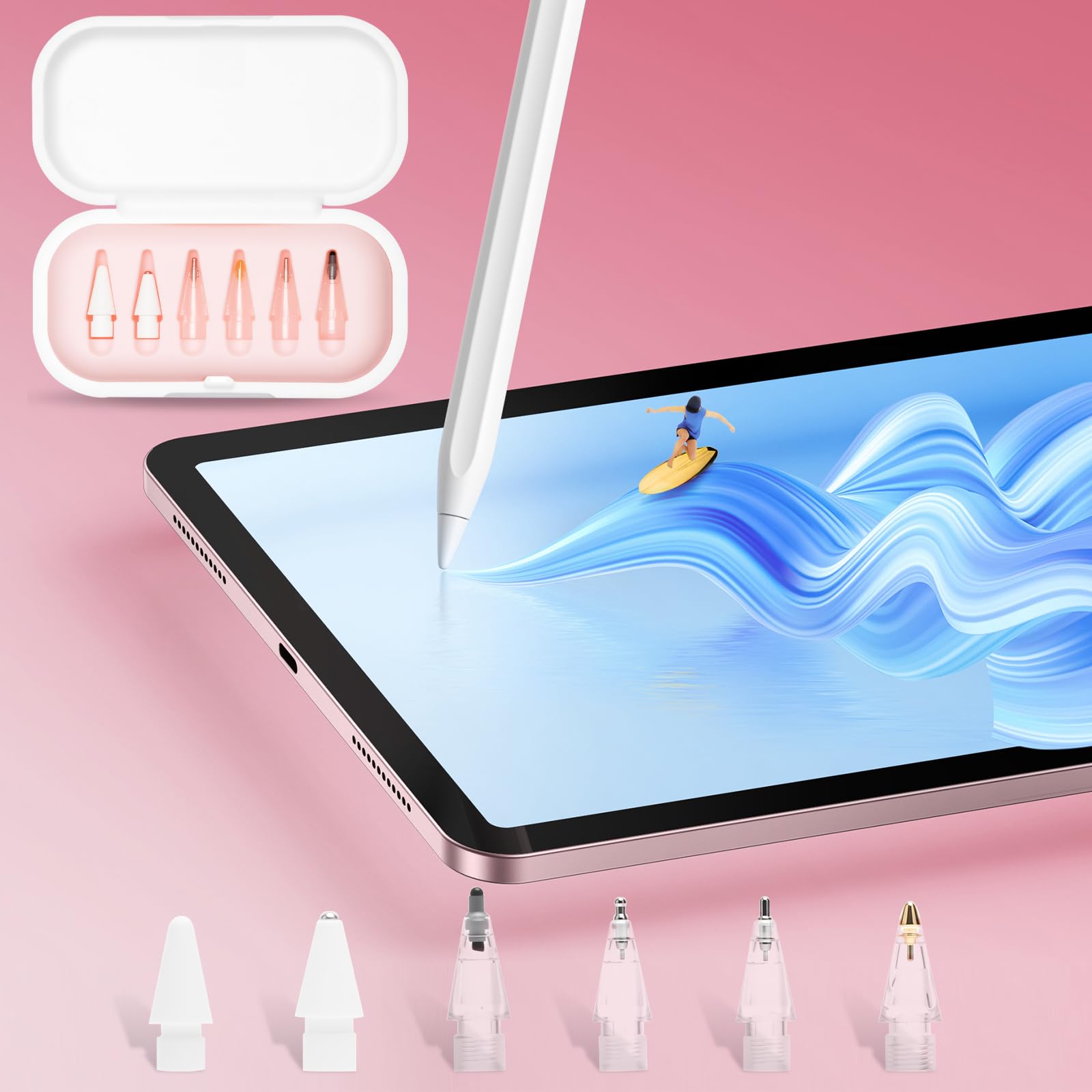Zestaw 6 wymiennych końcówek kompatybilnych z Apple Pencil 1./2. generacji i USB-C – wymienne końcówki do pisania, rysowania i notatek na tabletach, nadają się do gołych ekranów