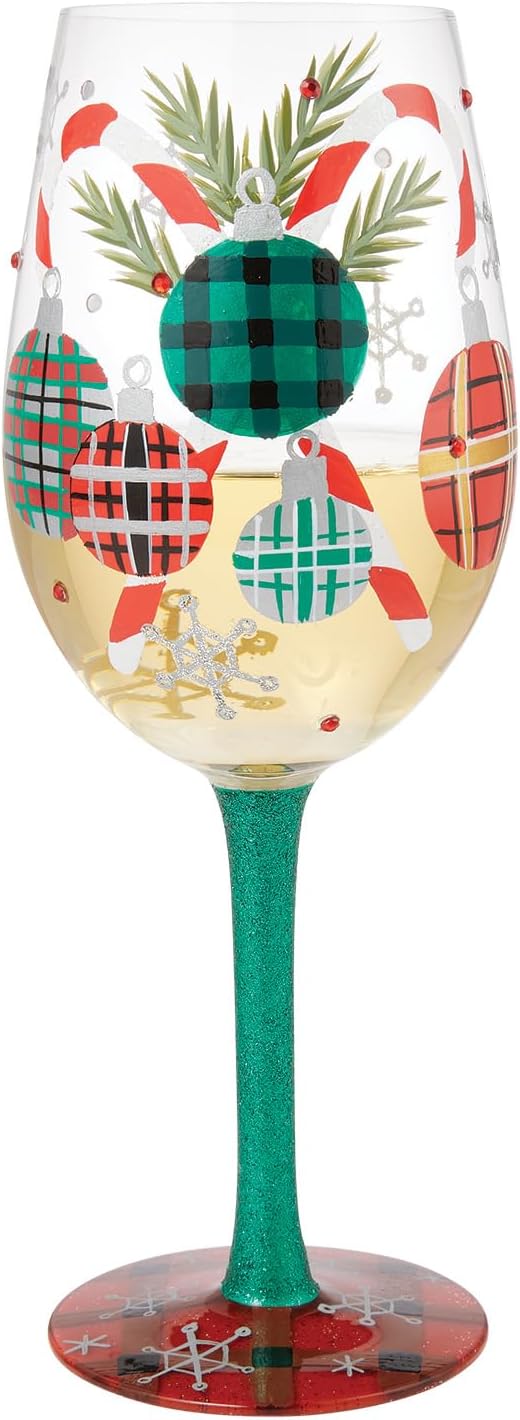 Enesco Lolita Designs a Plaid Kind of Christmas Hand-Painted Artisan Wine Glass, 15 Ounce, Multicolor