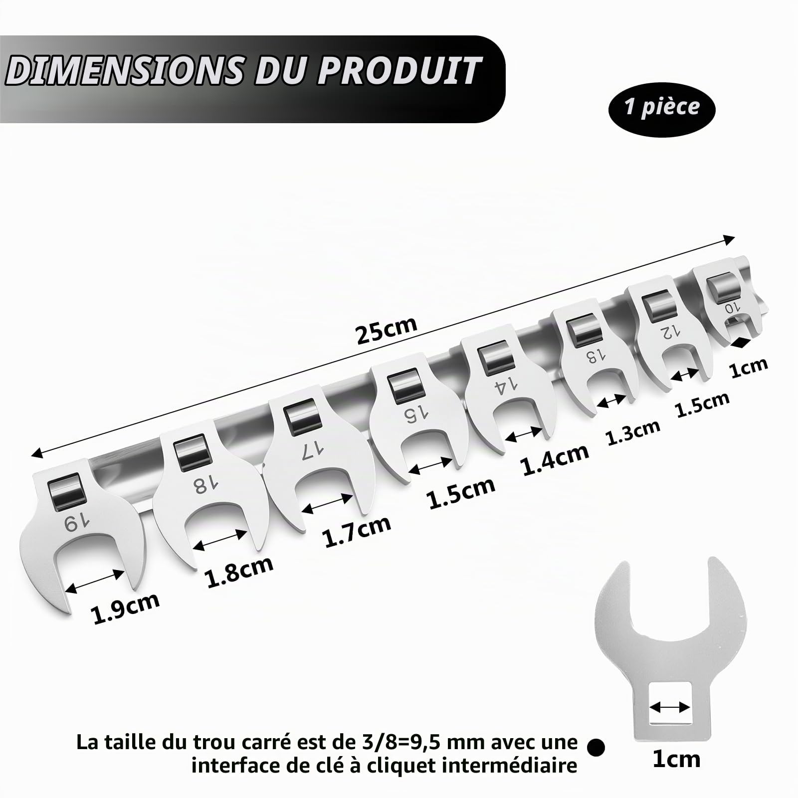 Jeu de Clef Plate, 8 Pièces Métriques Jeu de Clés à Extrémité Ouverte 10-19 mm Métal Jeu de Clés Mixtes pour Réparation Automobile