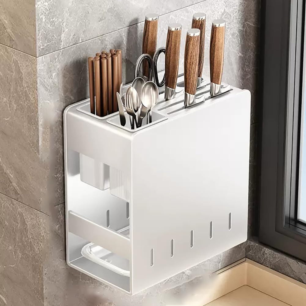 Portacuchillas De Acero Inoxidable De Pared Sin Perforaciones, Con Capacidad Para 7 Cuchillos, Con Bandeja De Drenaje, Orificio De Ventilación, Portacuchillas Sin Cuchillo,Blanco