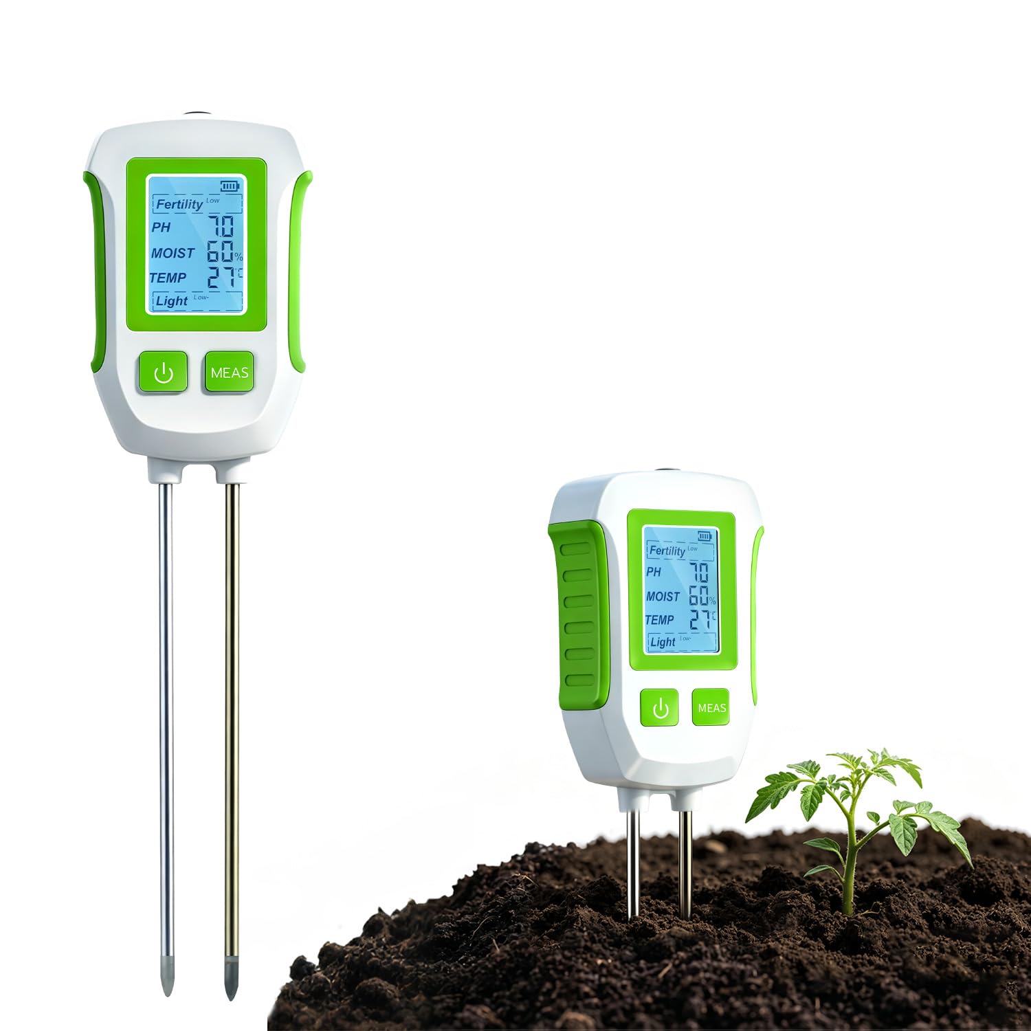 Mcbazel Medidor de Suelo 5 en 1, Multifuncional Analizador de Tierra para pH, Fertilidad, Humedad, Temperatura y Luz, Sensor de Doble Sonda con Apagado Automático para Jardín y Agricultura