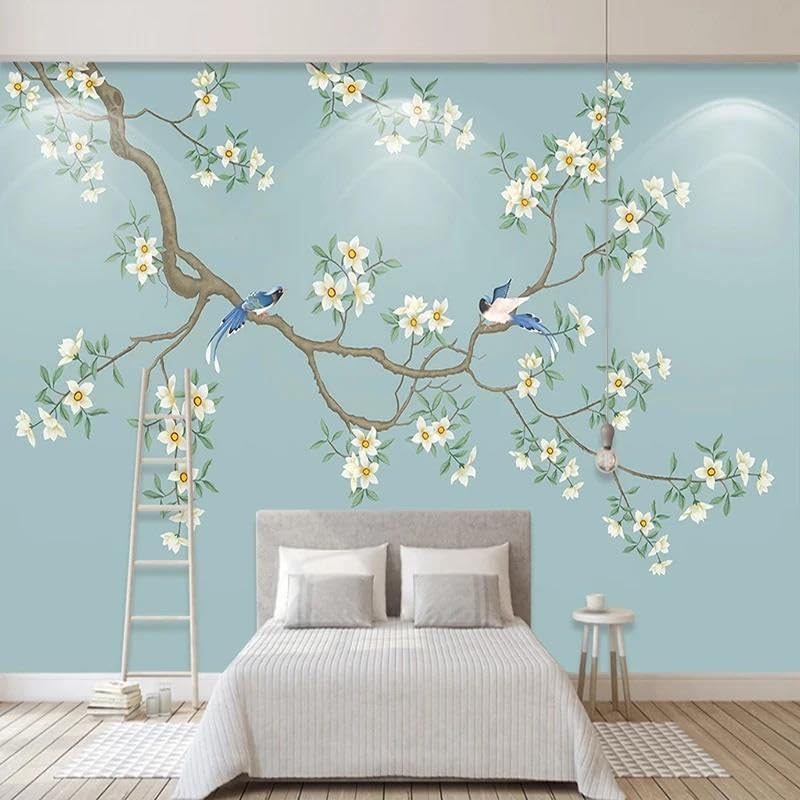Papier peint fleurs et oiseaux 3D autocollant en PVC pour décoration murale de salon