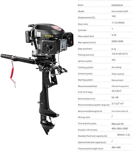 Miniatura 5 de TFCFL Motor fuera de borda, motor fuera de borda de 6 HP 4 tiempos, motor de barco de pesca inflable marino con sistema de refrigeración por aire de