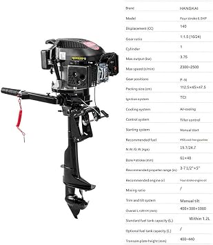 TFCFL Outboard Motor Boat Engine, 6 HP 4 Stroke Outboard Motor Marine Inflatable Fishing Boat Engine with CDI Water Air Cooling System 1:1.5