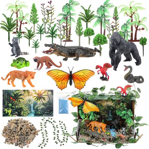 Teyva Daily 48 Pcs Rainforest Diorama Kit Habitat Project Box Set Rain Forest Diorama Supplies Include Rainforest Animal Figures Tropical Forest Leaves Fake Rocks with Display Case for DIY Craft Gifts