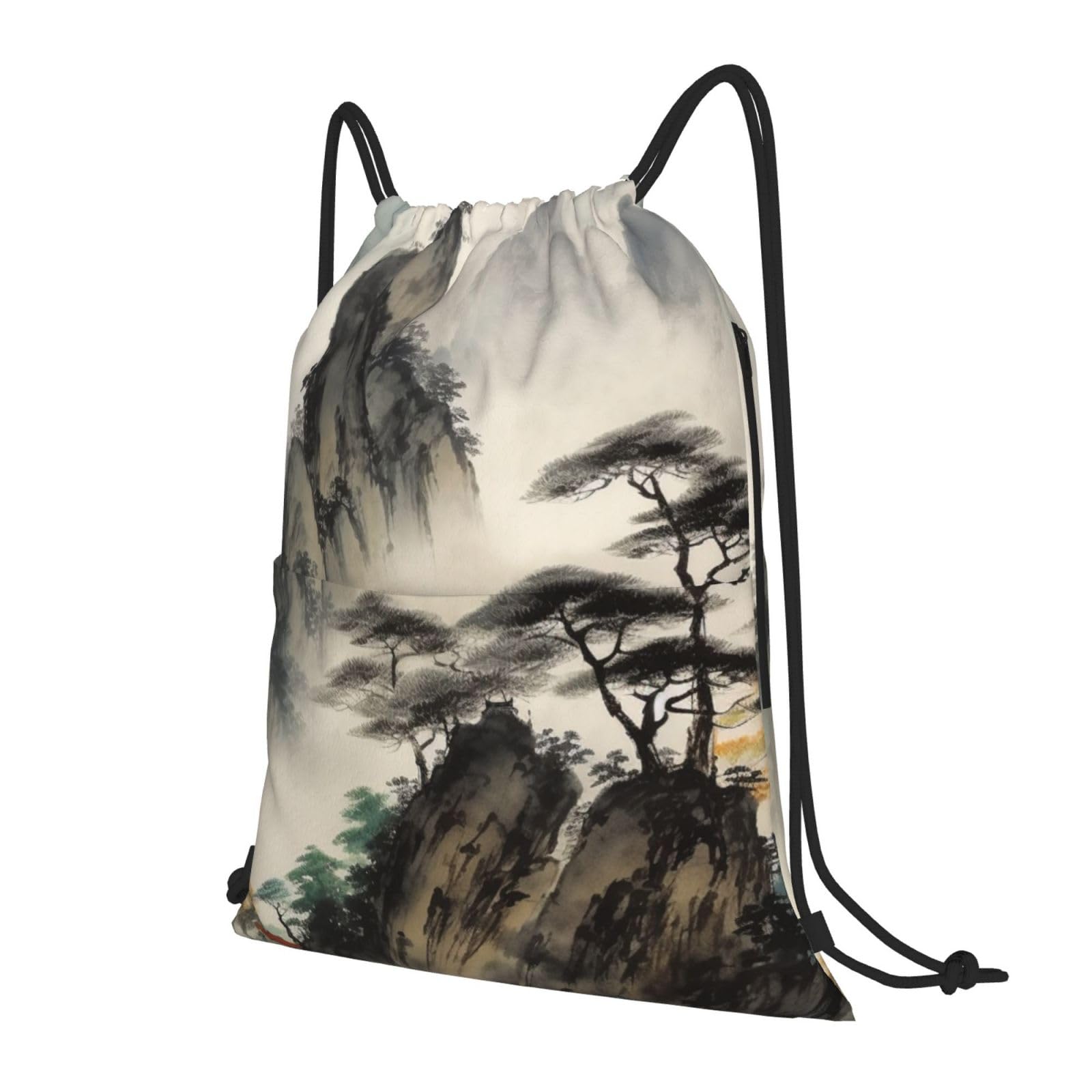 Kururi Chinese Landscape Painting Print Drawstring Backpack Water Resistant String Bag Sackpack Cinch For Sports Camping Traveling
