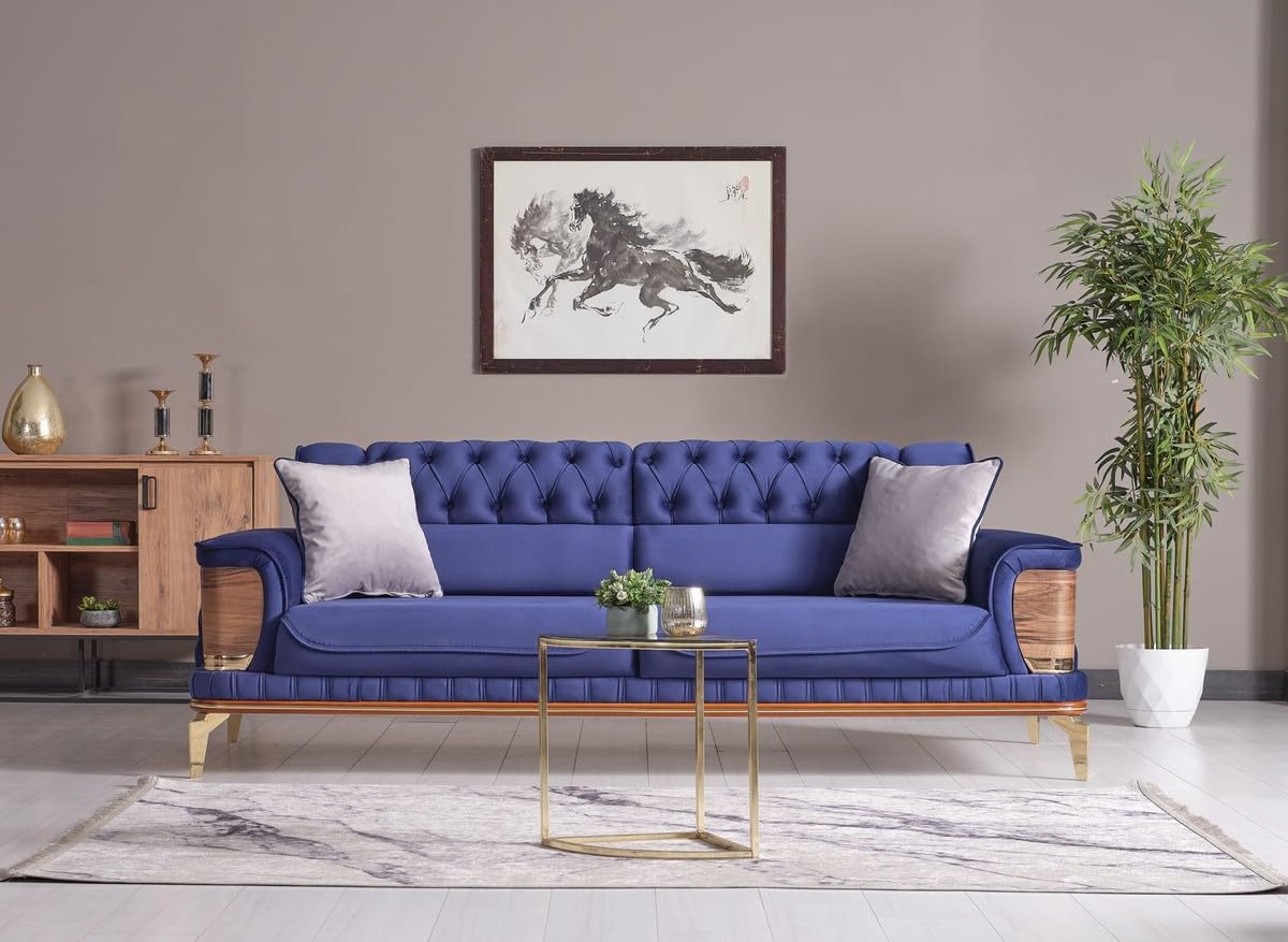 Casa Padrino Luksusowa sofa z łóżkiem, niebieski/brązowy/złoty, 232 x 92 x wys. 85 cm - sofa do salonu z 2 poduszkami - luksusowe meble do salonu