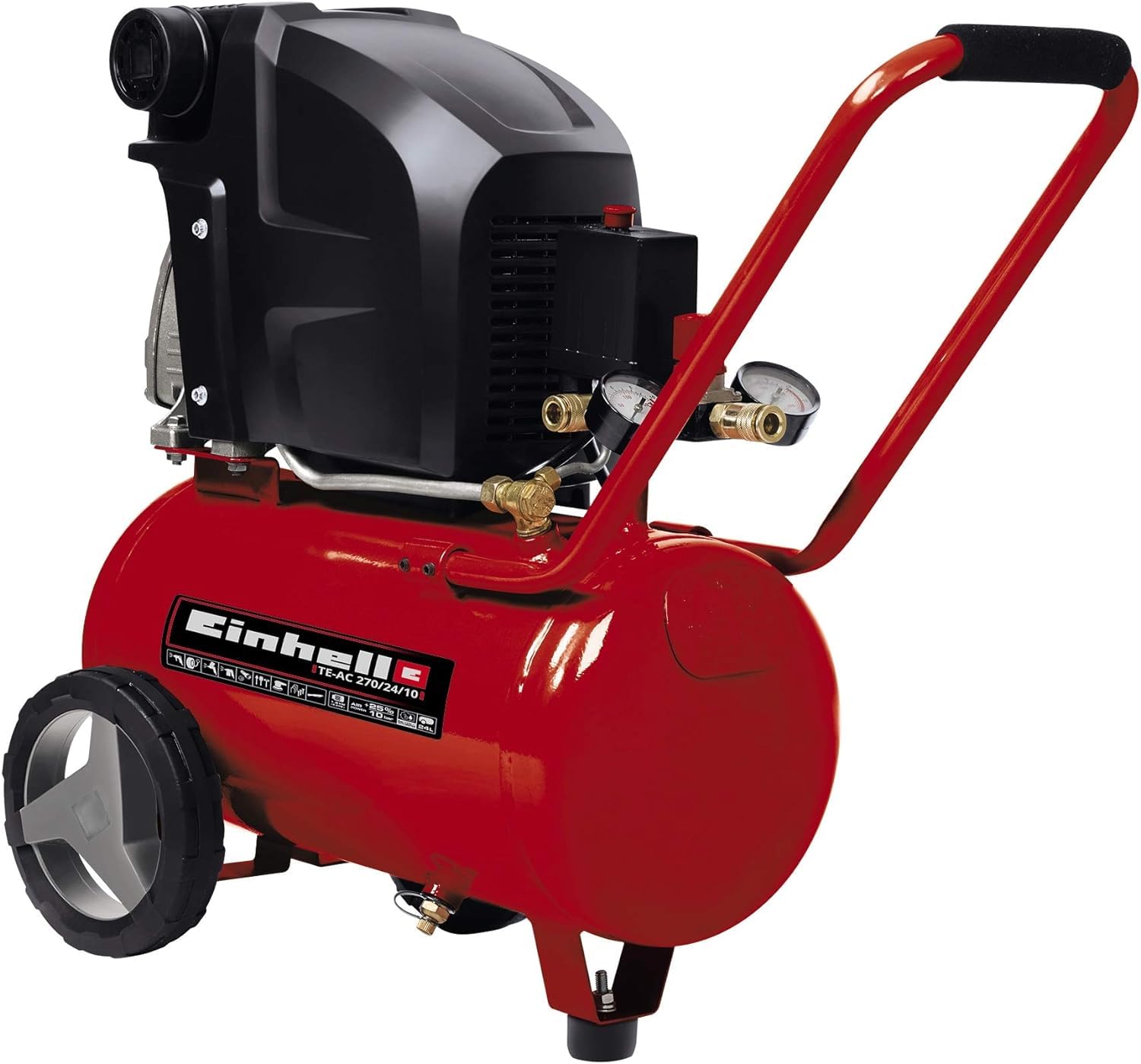 Einhell Compressor TE-AC 270/50/10 (1800 W, 10 bar, 50 L tank, oil lubricated, pressure gauge and quick coupling, large wheels, rubber base, water outlet plug, check valve and safety valve)