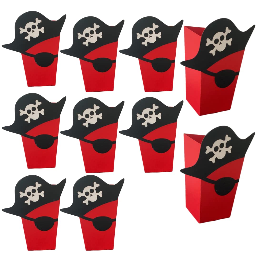 Pirate Theme Birthday Party Decoration Paper Popcorn Boxes, A Set of 10, Red, White and Black