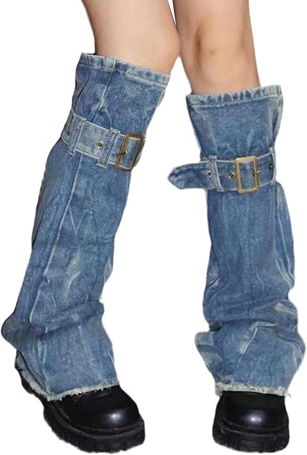 Women Distressed Jeans Blue Leg Warmer with Buckled Straps Punk Washed Denims Flared Boot Long Socks Streetwear